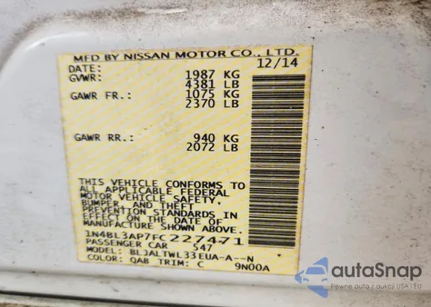 2015 Nissan Altima 3.5S z USA, uszkodzony, nr VIN 1N4BL3AP7FC227471